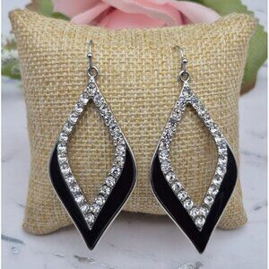 Silver Tone Black Enamel & Rhinestone Statement Dangle Drop Earrings Pierced